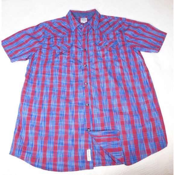 Men's Western Snap Shirt Sz. L Moon Shine Blue Red Short Sleeves - Picture 8 of 9